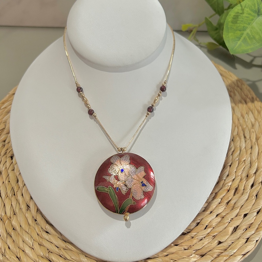 Vintage Cloisonné Enamel Puffy Round Dual Sided Pendant Necklace